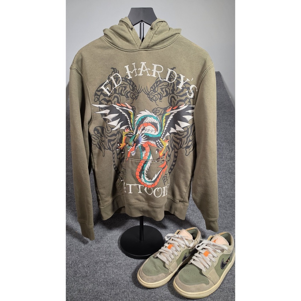 Ed Hardy Hoodie + Nike Air Jordan 1‎ Low Olive Sz 9.5 Outfit Bundle